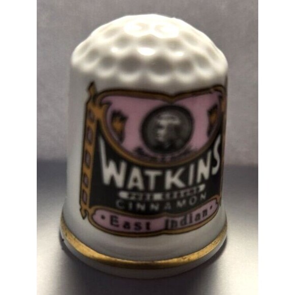 Vintage Ceramic THIMBLE Collectible Gift Watkins Pure Ground Cinnamon Label - Picture 1 of 3